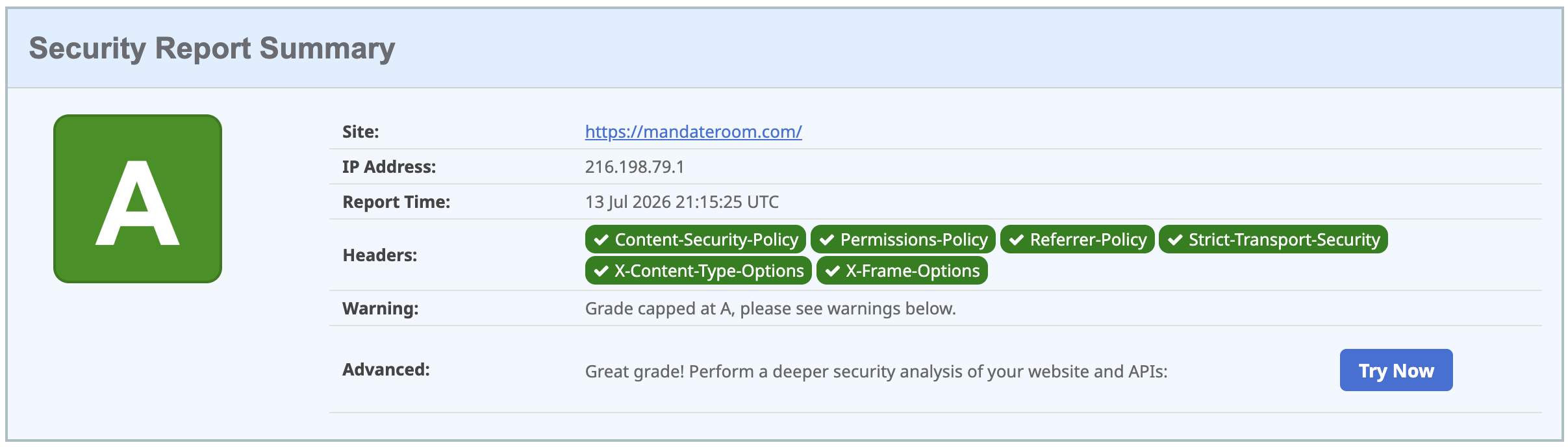 securityheaders.com A grade report for mandateroom.com